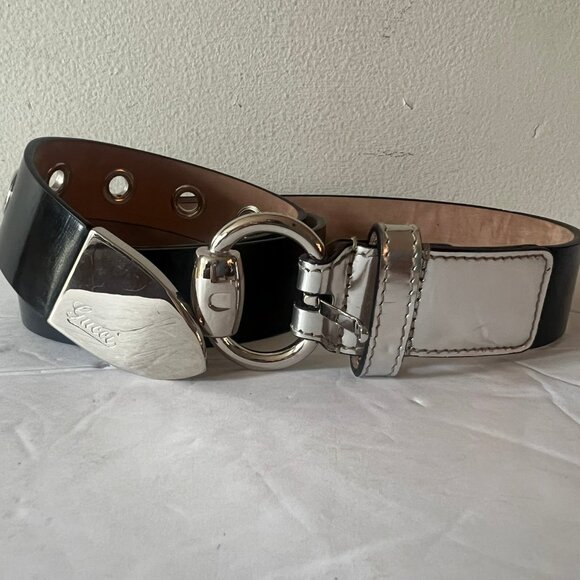 VINTAGE UNISEX GUCCI BLACK SILVER PATENT LEATHER BUCKLE BELT 100 CM / 40